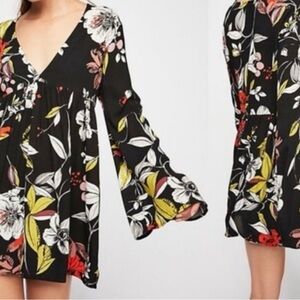 Free People Black Floral V-Neck Bell Sleeve Mini Dress Medium